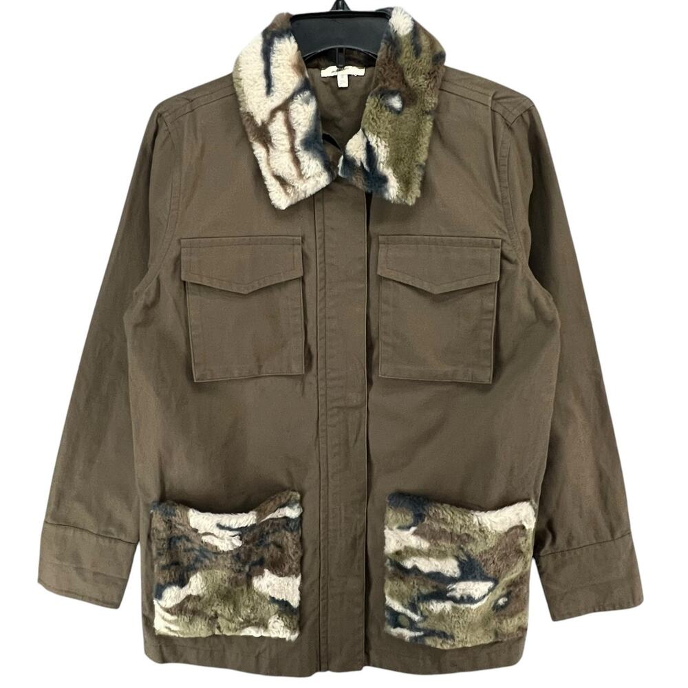 Mystree Jacket Womens S Green Brown Faux Fur Camo Zip Snap Coat Utility Military